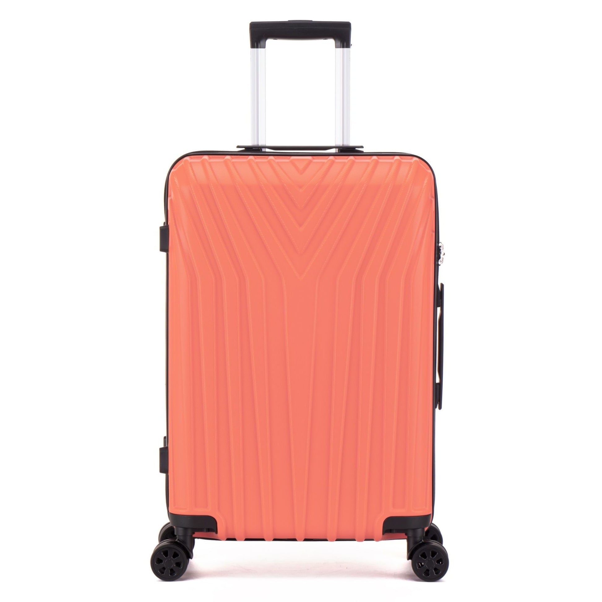 Orange suitcase with a black handle and wheels on a white background