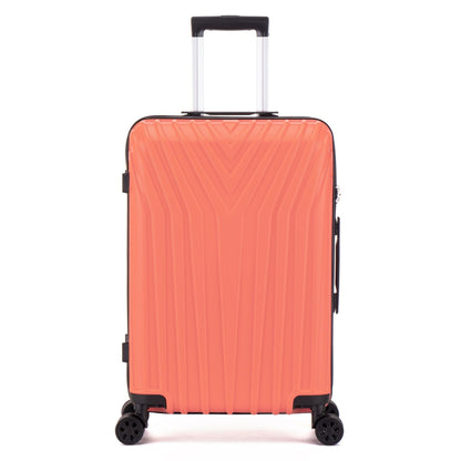 Orange suitcase with a black handle and wheels on a white background