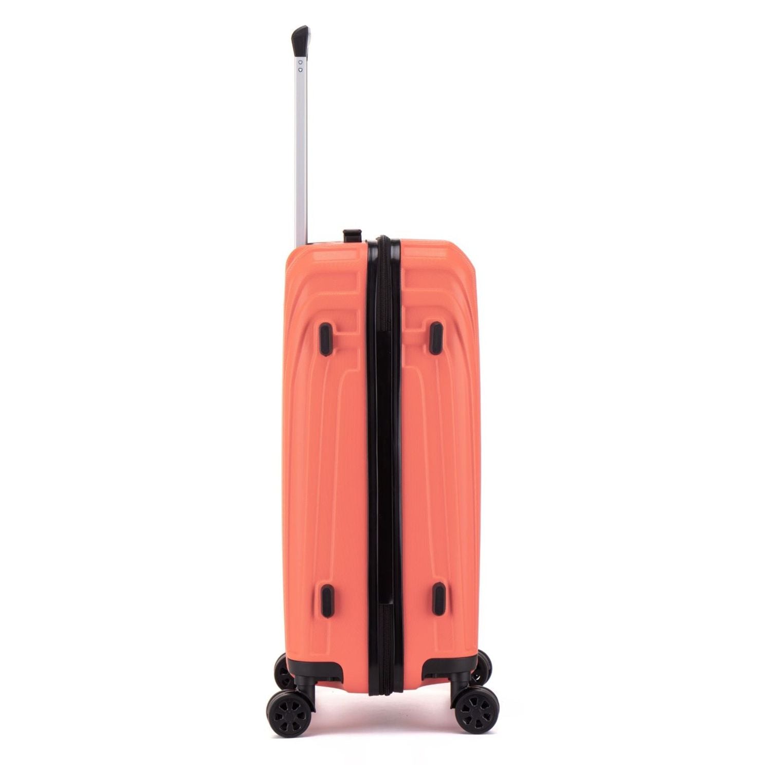 Orange suitcase with black wheels on a white background