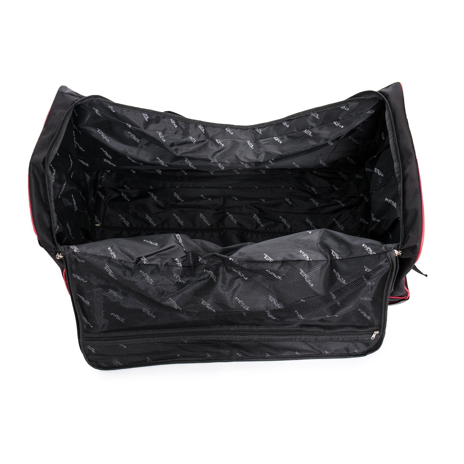 Black car trunk organizer with red accents on a white background