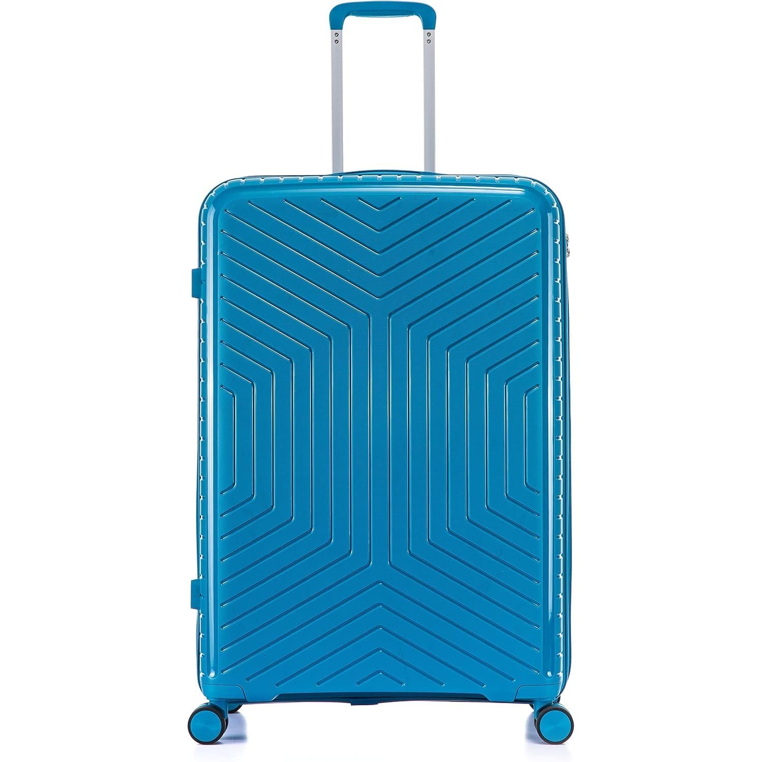 Blue suitcase with a geometric pattern on a white background