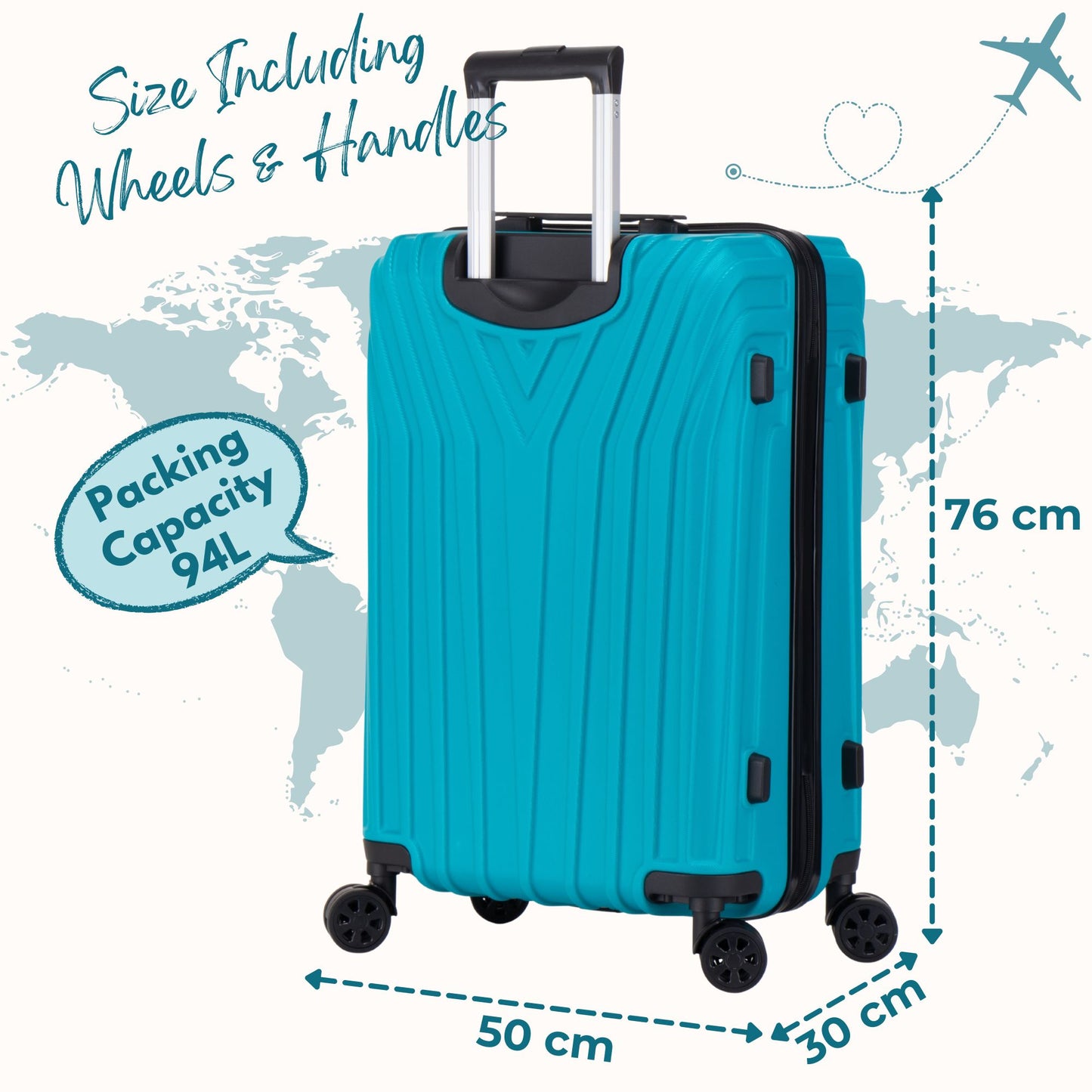 Turquoise suitcase with dimensions and capacity details on a world map background