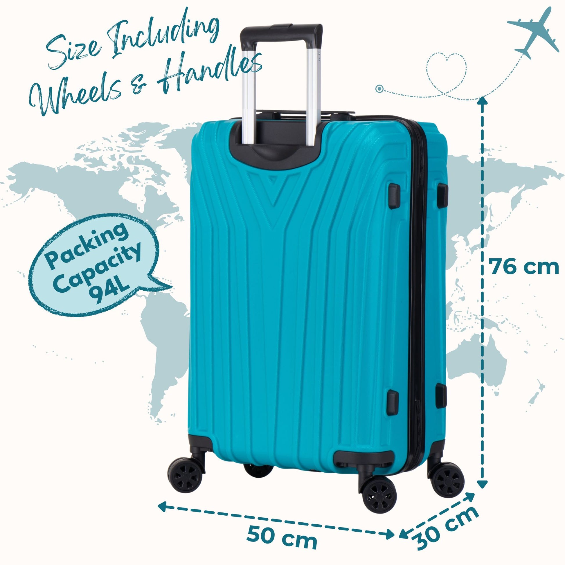 Turquoise suitcase with dimensions and capacity details on a world map background