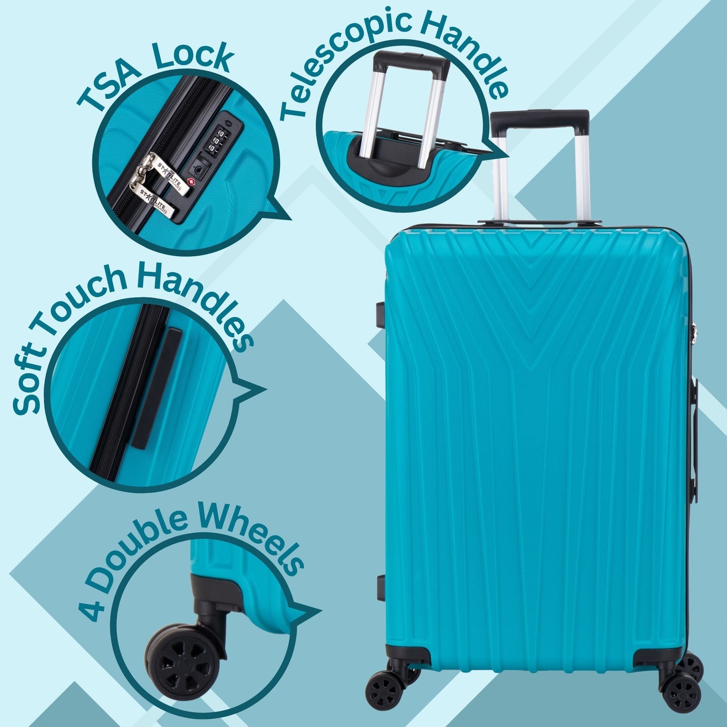 Turquoise suitcase with features highlighted on a blue background