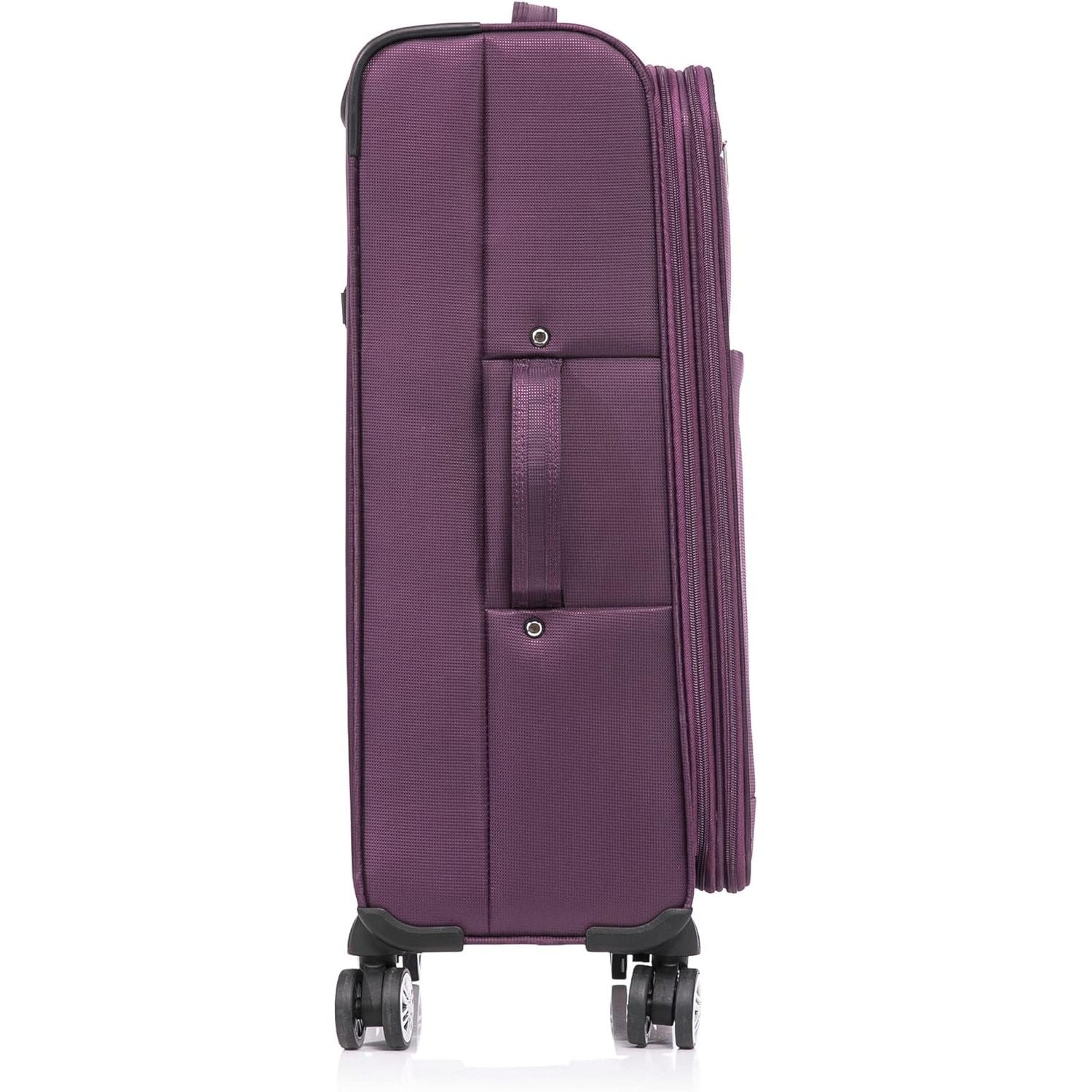 Ultra Lightweight Purple side handle 4 wheel Spinner Suitcase on white background 