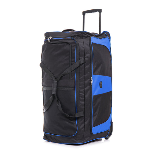 Black and blue rolling suitcase on a white background