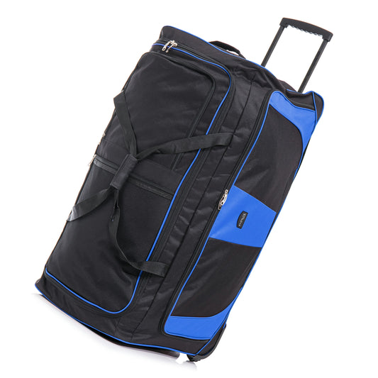 Black and blue rolling duffel bag on a white background