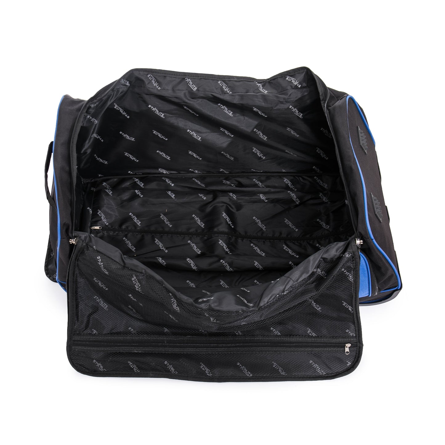Black and blue bag with open compartments on a white background