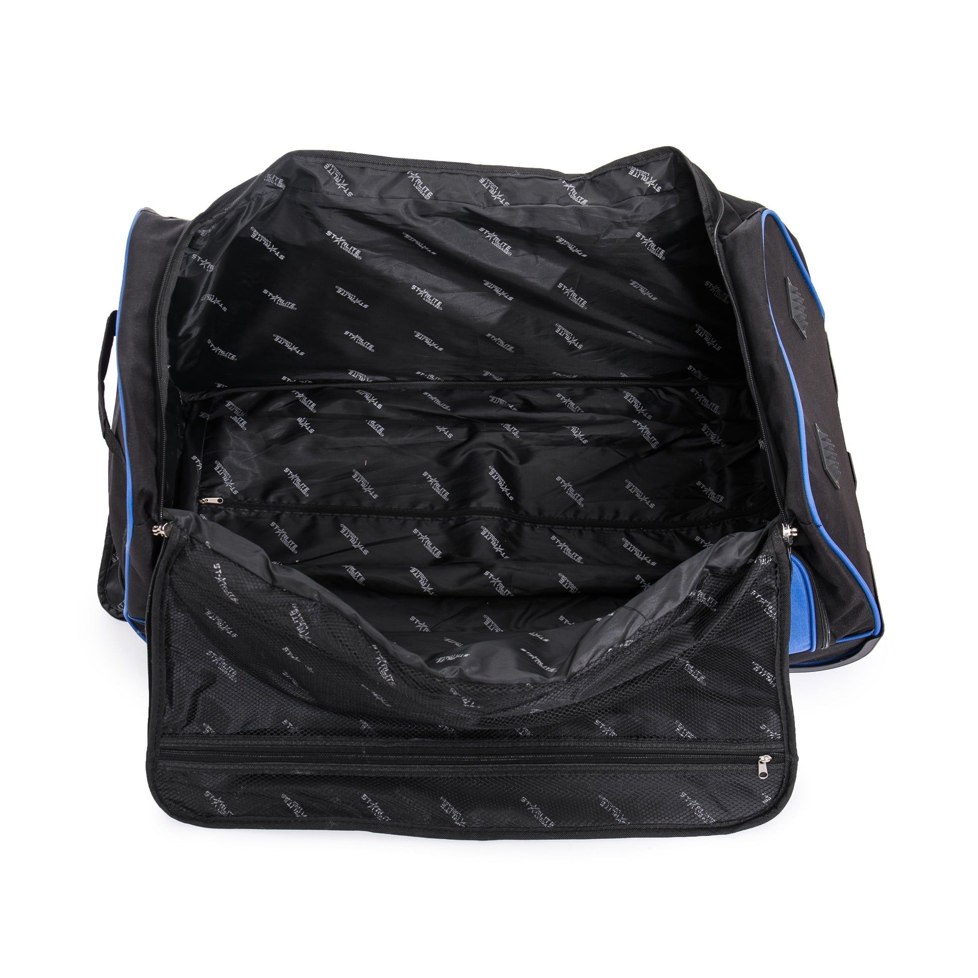 Black and blue bag with open compartments on a white background