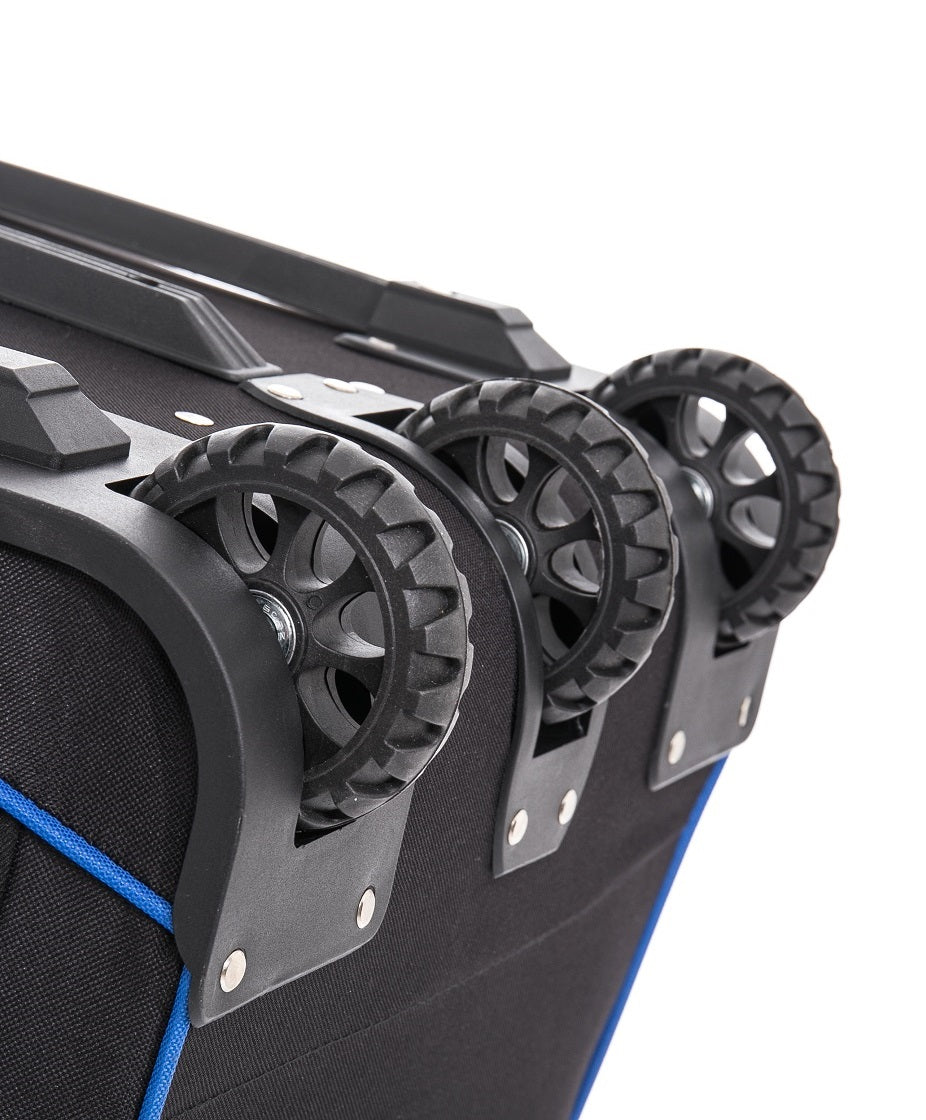 Close-up of a black suitcase with wheels on a white background