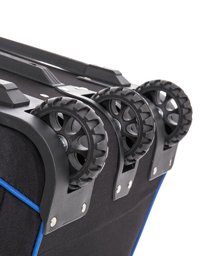 Close-up of a black suitcase with wheels on a white background