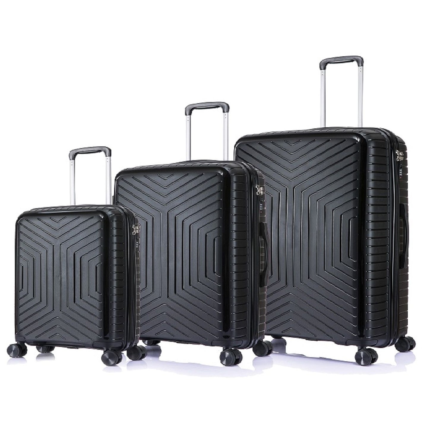 Suitcase Set – 3 Piece Lightweight Polypropylene Hard Shell Travel Luggage with 4 Wheels - PP20 - Black