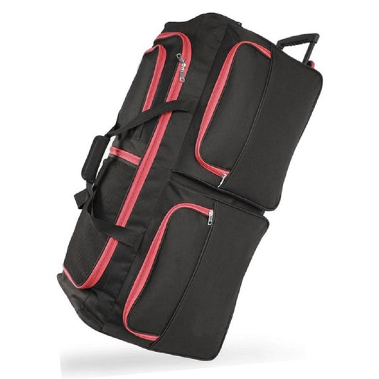 Black duffel bag with red accents on a white background