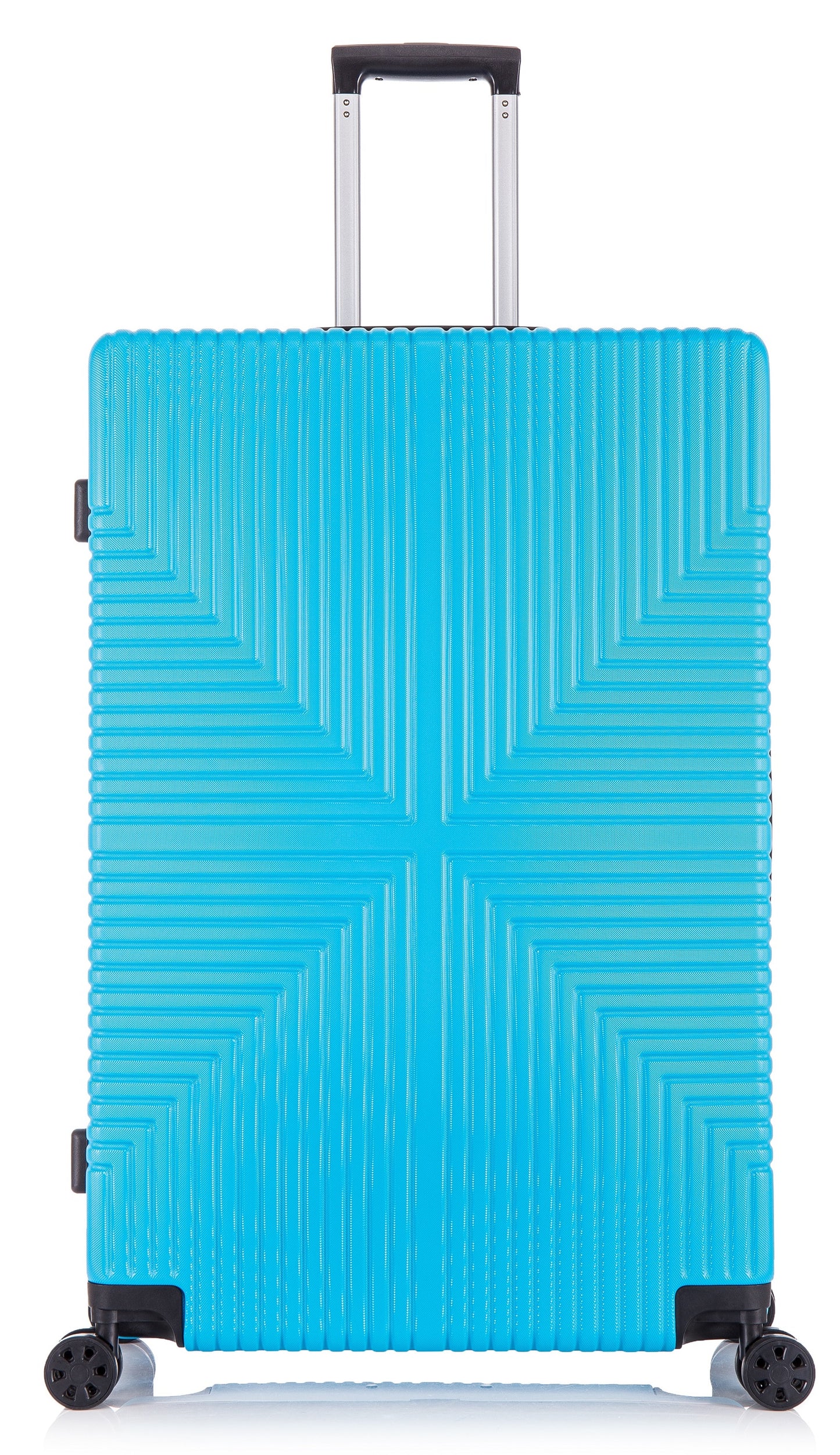 A lightweight hard shell suitcase in blue color with four spinner wheels and a telescopic handle.