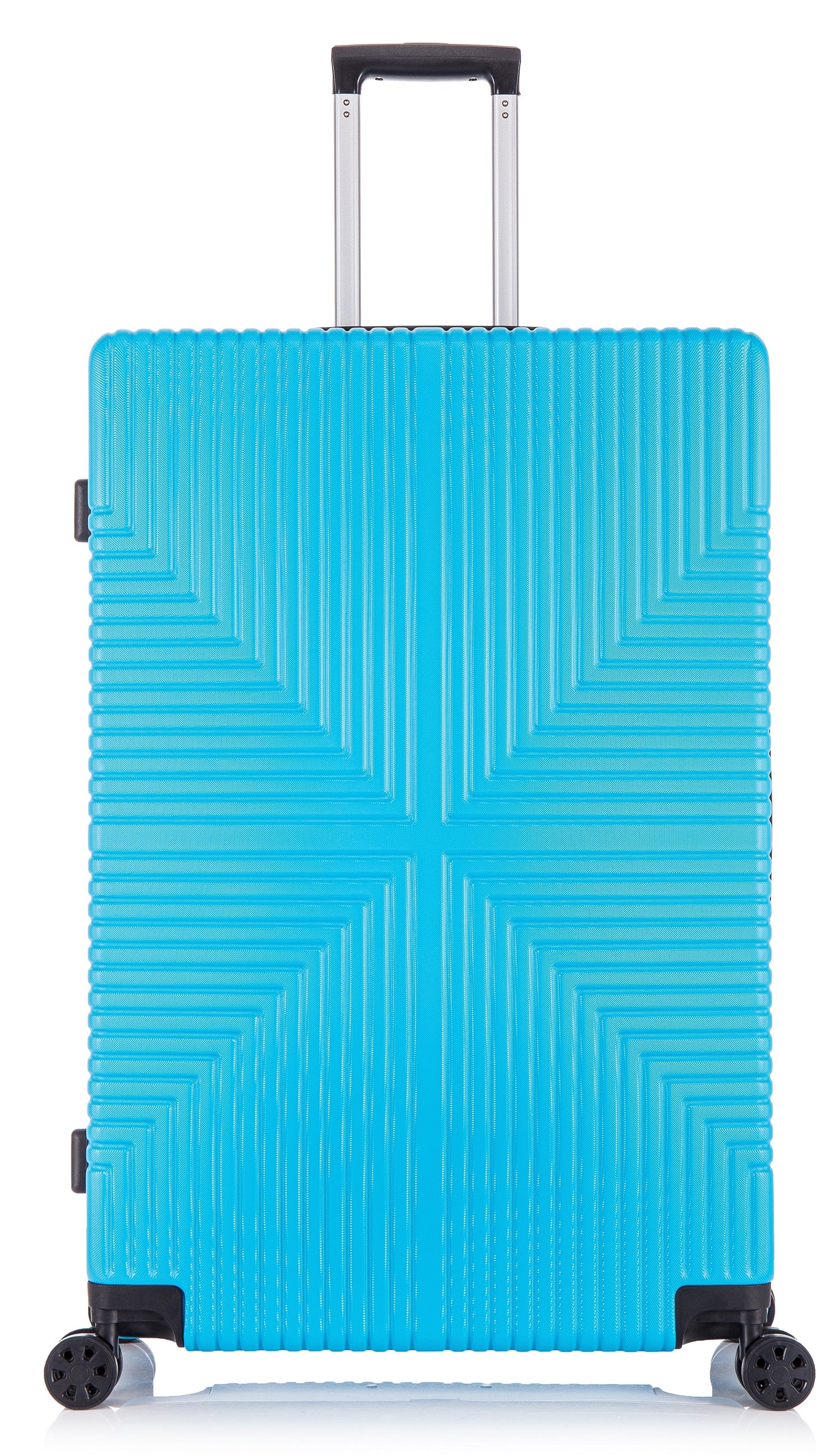 A lightweight hard shell suitcase in blue color with four spinner wheels and a telescopic handle.