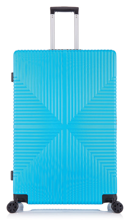 A lightweight hard shell suitcase in blue color with four spinner wheels and a telescopic handle.