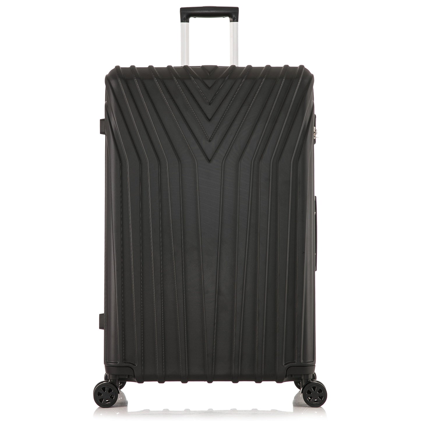 Black suitcase with a textured surface on a white background