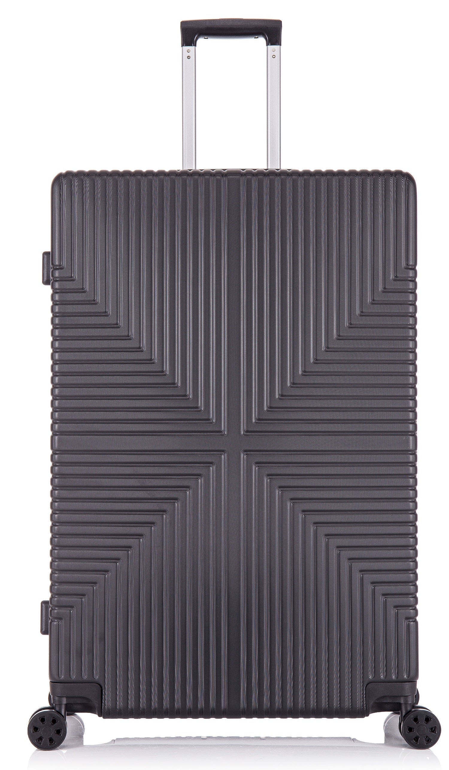 A 32-inch black hard shell suitcase with four spinner wheels and a telescopic handle.