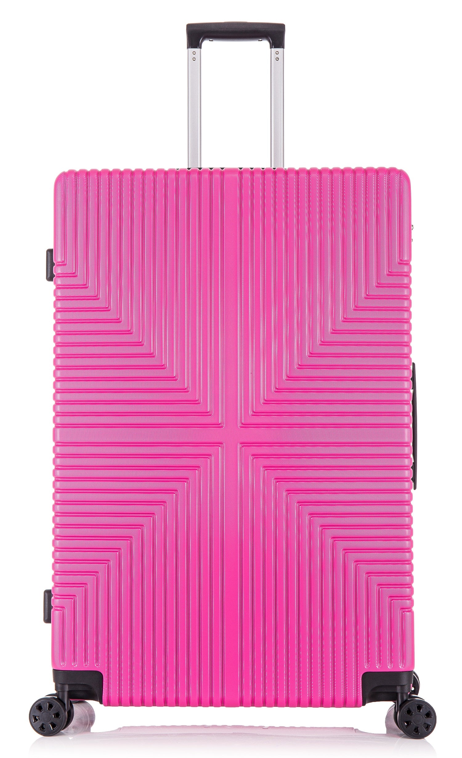 A lightweight hard shell suitcase in pink with a geometric pattern, featuring four spinner wheels and a telescopic handle.