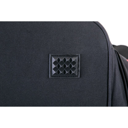 Black textured bag with a diamond pattern logo on a black background
