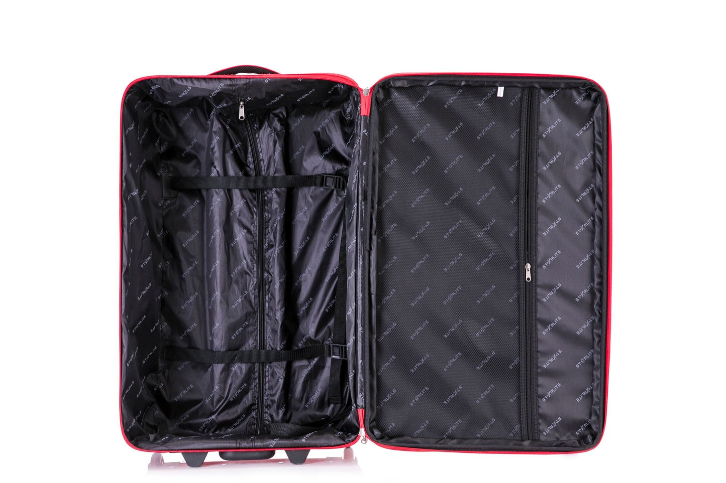 Large Suitcase open zips in DK 16 Orivo Red on white background