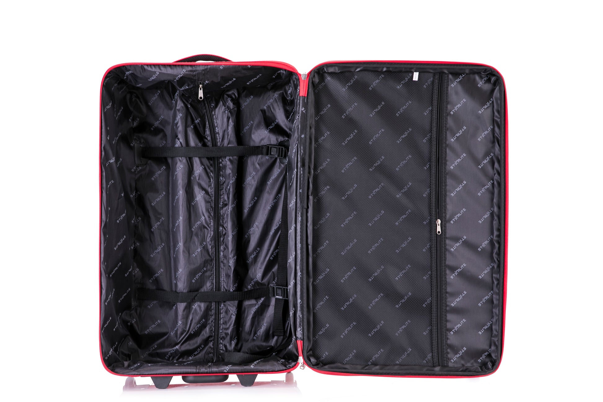 Large Suitcase open zips in DK 16 Orivo Red on white background