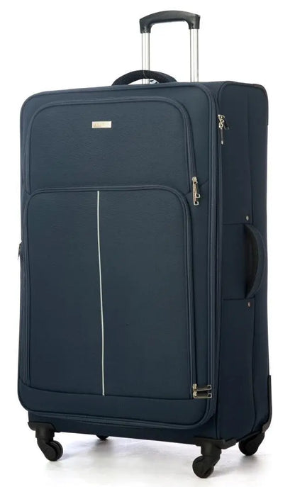 A navy colored 4 wheel spinner suitcase with telescopic handle extended to its maximum length.