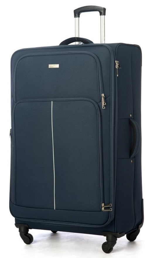 A navy colored 4 wheel spinner suitcase with telescopic handle extended to its maximum length.