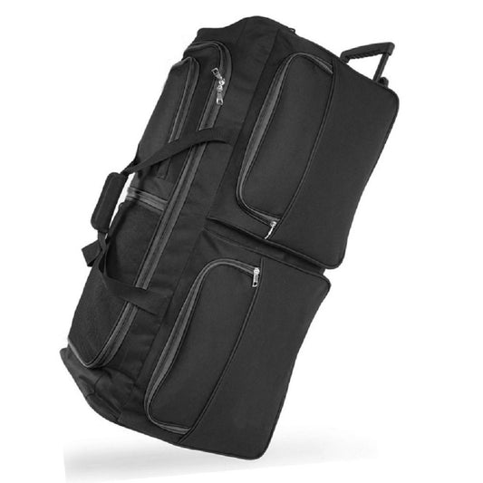 Black travel duffel bag with wheels on a white background