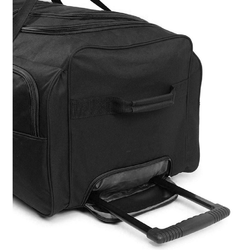 Black duffel bag with wheels on a white background