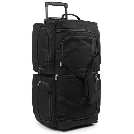 Black rolling suitcase on a white background