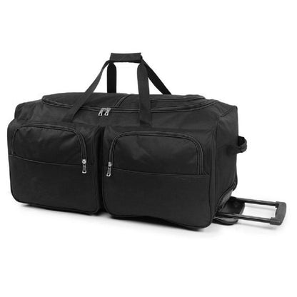 Black rolling duffel bag on a white background